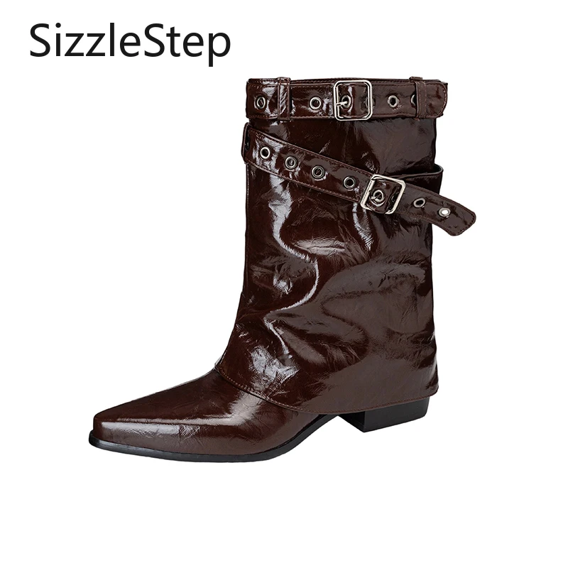 

Stylish Solid-color Leather Mid-calf Boots for Women, Featuring Buckle and Eyelet Details and A Chunky Heel.