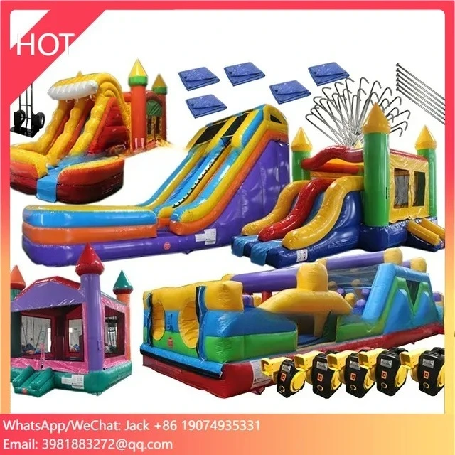 

2023 HappyIsland Commercial Grade Bounce House Starter Pack 5 Inflatable Bouncer Slide Suits Green and Purple with Accessories