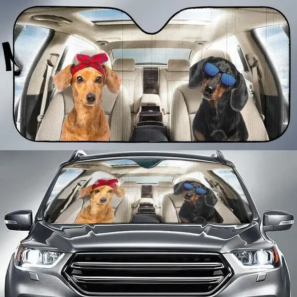 Dachshund Driving Headband and Eyeglasses Dog Couple Car Sunshade, Gift for Dachshund Mom Dog Lover, Car Windshield Durable Auto