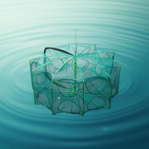 Durable Foldable Fishing Net 6/8/10 Holes Green Hand Fishing Net Nylon 40~82cm Tank Trap Cage Mesh Tool