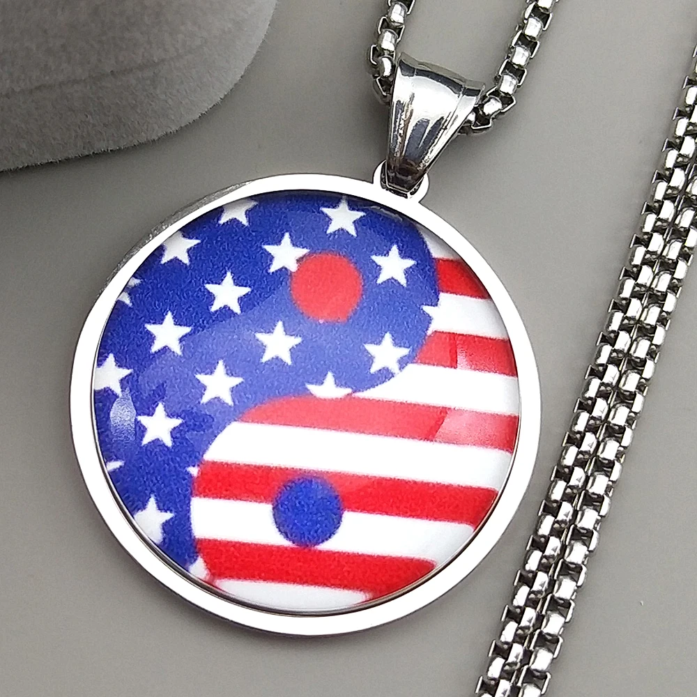 

American Flag Tai Chi Yin Yang Glass Round Medal Pendant Necklace for Women Men Stainless Steel Gold Color Jewelry Gift