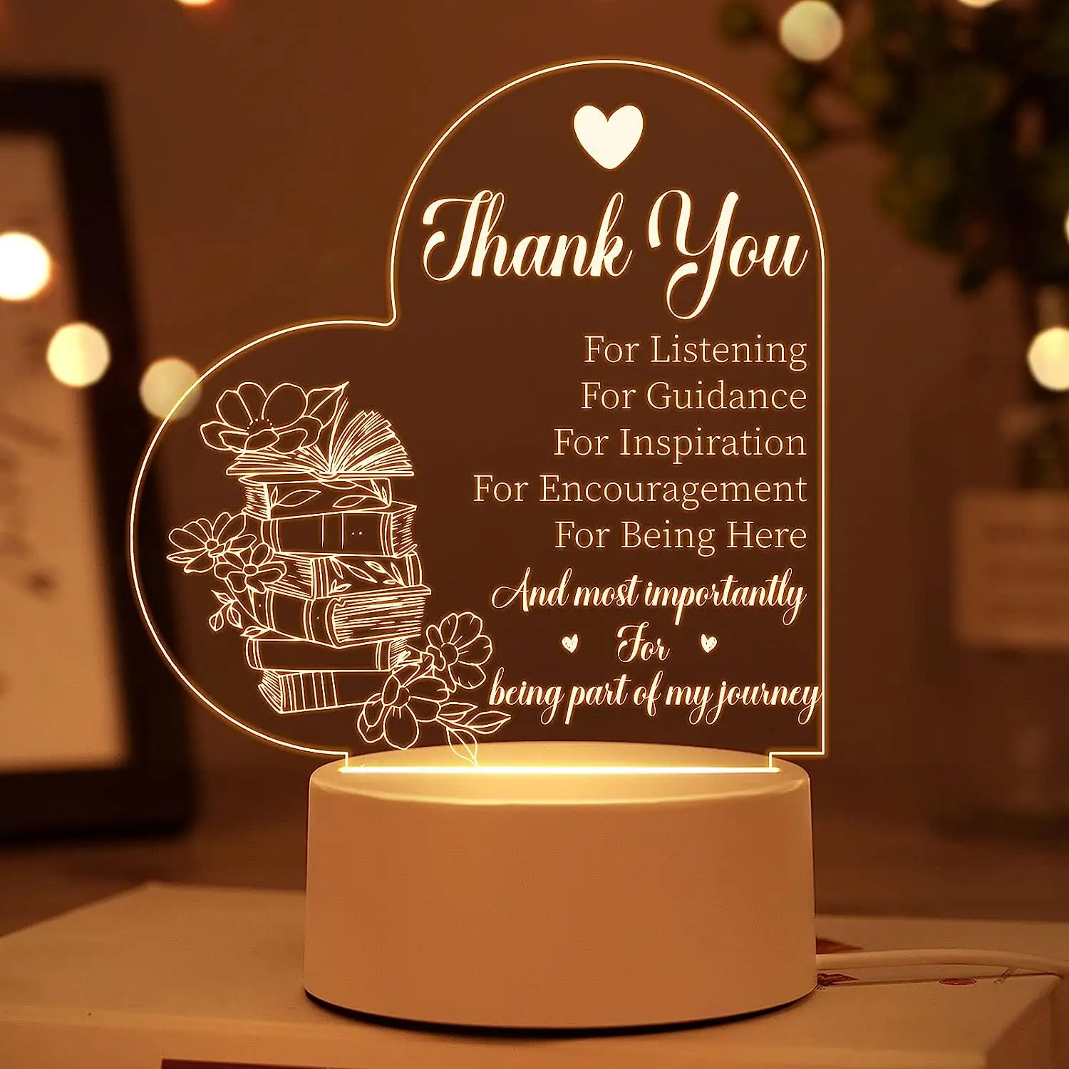 Soft Warm White LED Lamp - Perfect Gift for Best Friends, Teacher, 3D Illusion Lamp with thank you Message-Ideal for Birthdays