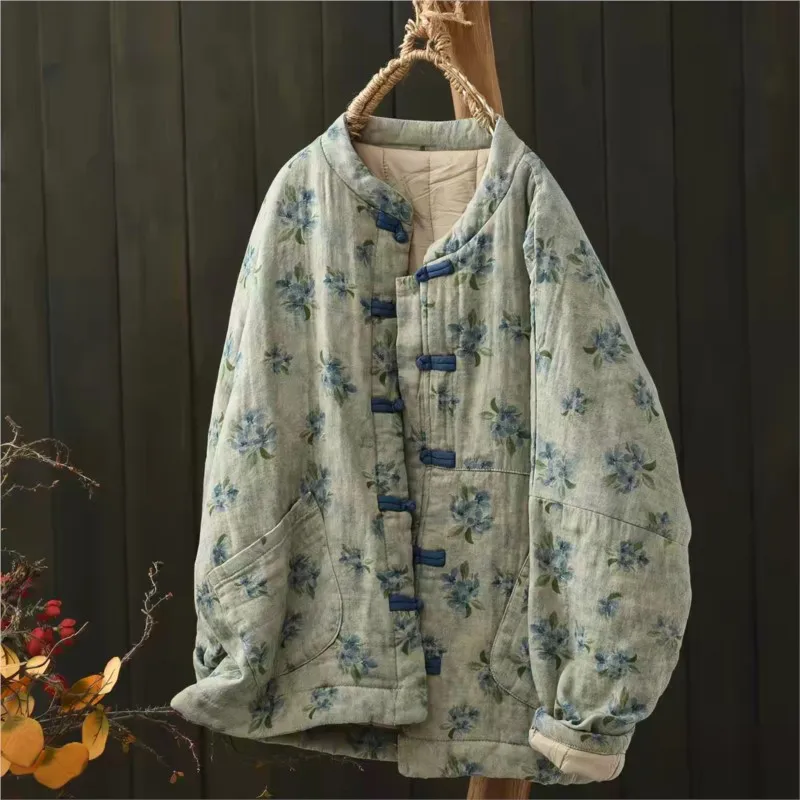 Women's Printed Retro Stand Up Collar Chinese Knot Button Cotton-padded Jacket Loose Drop Shoulder Coat Warm Parkas