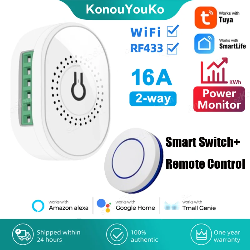 

16A Tuya WiFi Smart Switch with Power Monitor RF433 Remote Control 2 Way On Off Timer Breaker Smart Life APP For Alexa Google