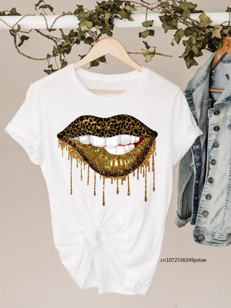 Graphic Tee Women\'s Short Sleeve Clothes Ladies Print Tshirt Summer Lip Leopard 90s Trend Style Female Fashion T-shirts