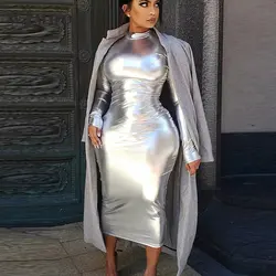 Vestido de fiesta de manga larga de cuero brillante reflectante con cremallera plateada para mujer, nuevo vestido largo Sexy para Club, Y2K, 2023