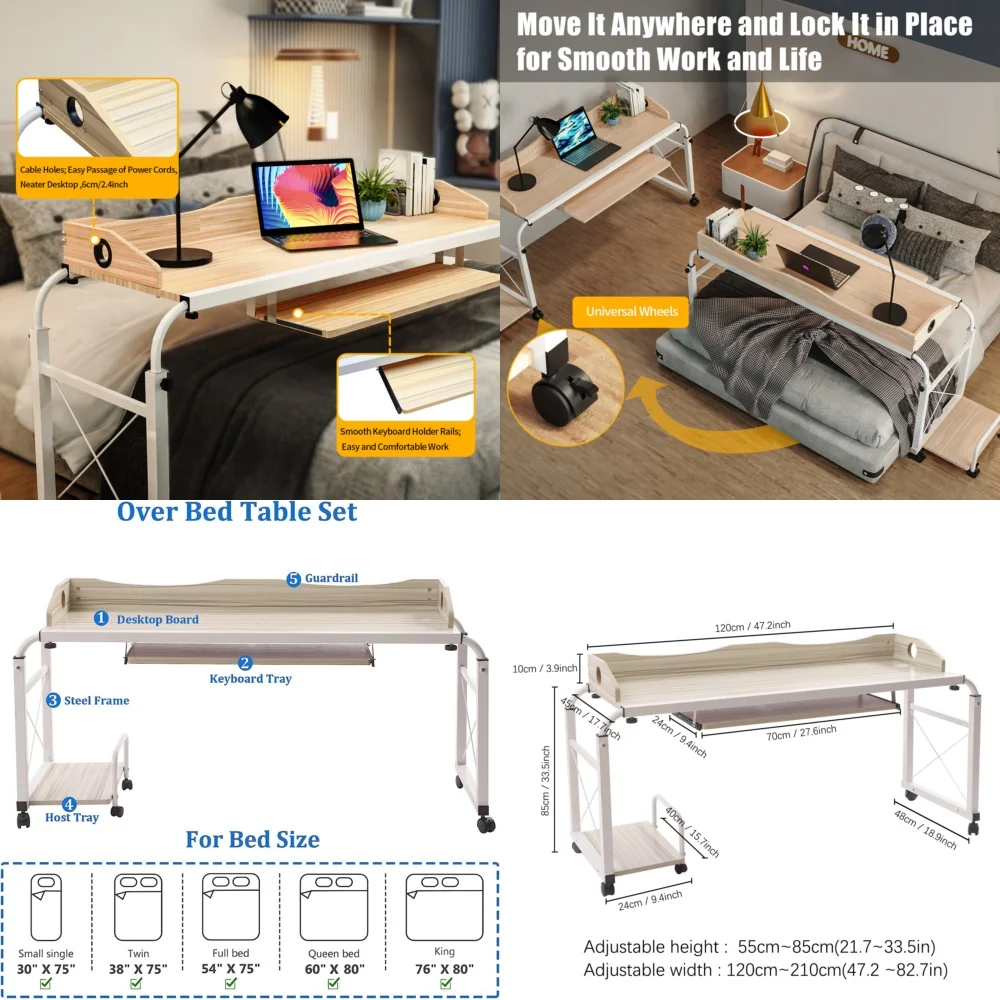 Computer DesksAdjustable Over Bed Table with Rolling Laptop Desk Cart for Home Use