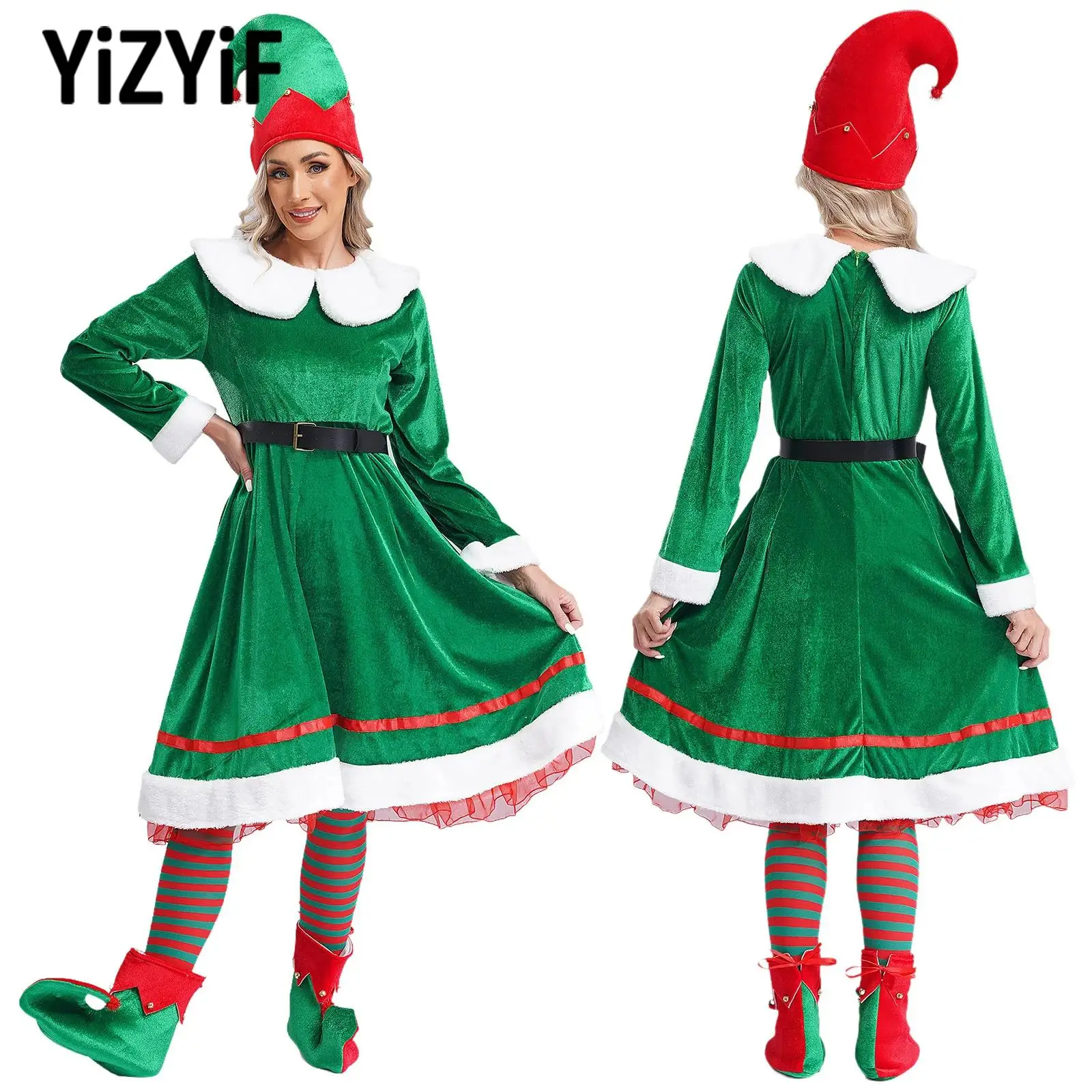 5Pcs Women Dance Stage Performance Party Christmas Suit Cosplay Costume Set Lovely Elf Suit Tinkle Dress+Belt Hat Stocking Shoes