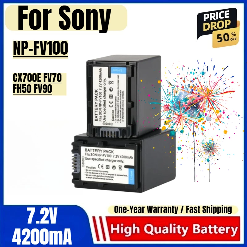 

NP-FV100 Battery 7.2V 4200mAh Rechargeable Batteries and Charger for Sony CX700E FV70 FH50 FV90 Camera Battery