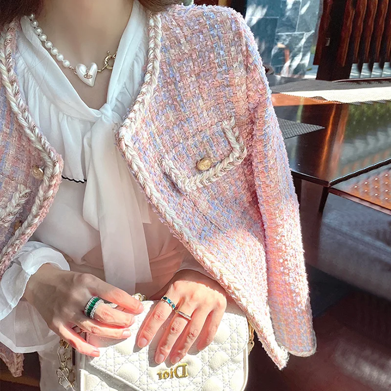 Pink Woolen Tweed Knitted Short Coat Women's Autumn Winter Heavy Work Fashion round Neck Open Cardig