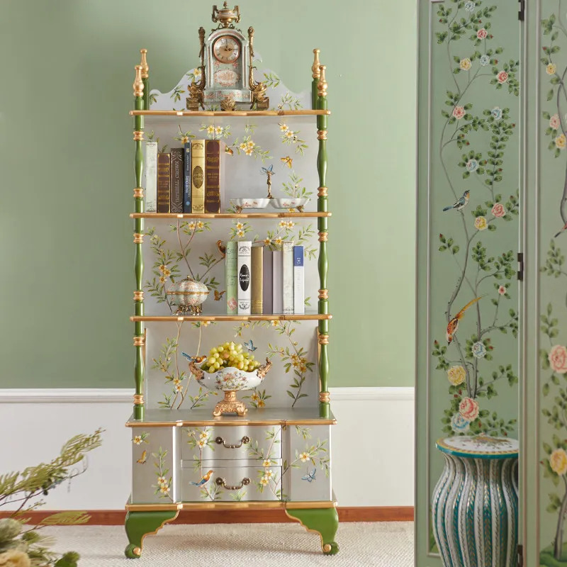 French Chinese style bookshelf, solid wood hand-painted display cabinet, retro storage shelf