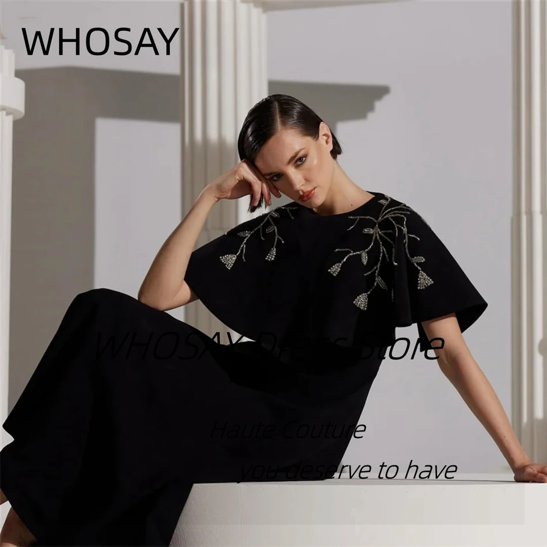 WHOSAY Customized Black Satin Prom Dresses with Beading Shawls Evening Party Dress Zipper Back Homecoming Graduation Gowns