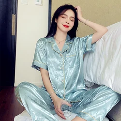 2 Pieces Faux Silk Satin Pajamas Set Summer Autumn Women Sleepwear Short Sleeve Nightwear Comfortable Skin-friendly Sleepsuits