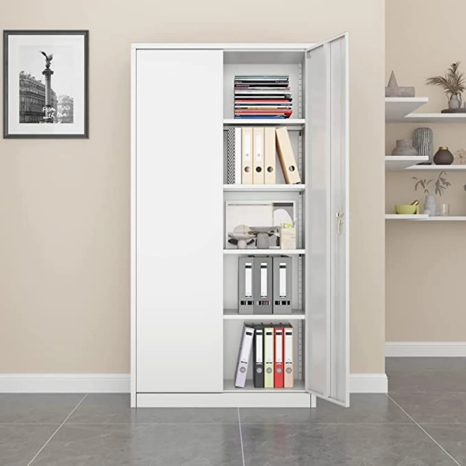 71 Inches Metal Storage Cabinet with Lock,Steel Storage Cabinet with 4 Adjustable Shelves and Locking Doors(White, Metal Handle)