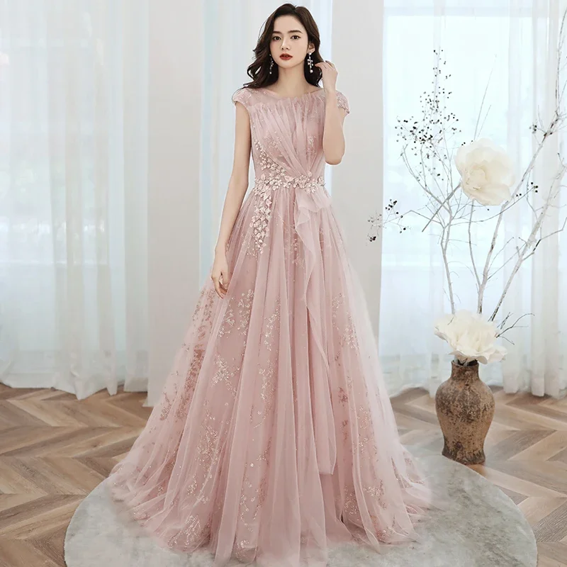 Evening Dresses Pink Golden Glitters Illusion Pleat O-neck Short Sleeves A-line Floor-length Plus size Women Party Formal Gowns