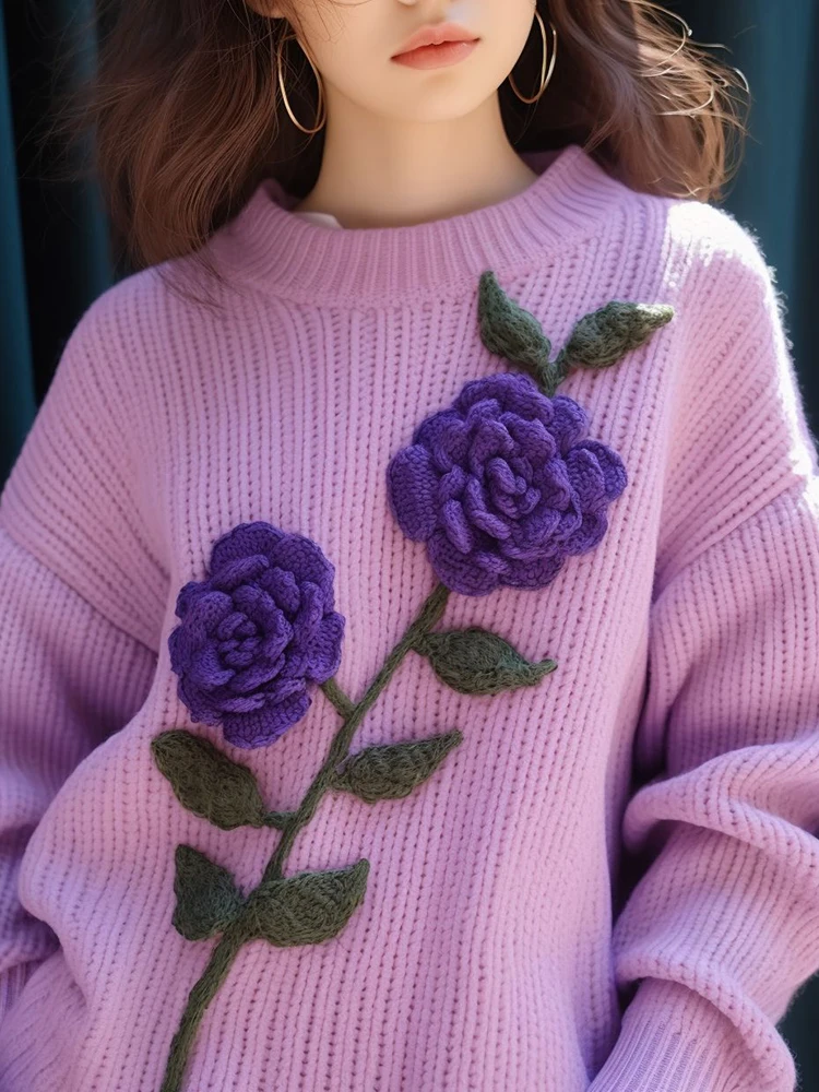 Purple 3d Flowers Patchwork Sweater Women Spring New Thicken Warm O-neck Long Sleeved Pullover Y2k Knitwear Ladies Sweater Tops