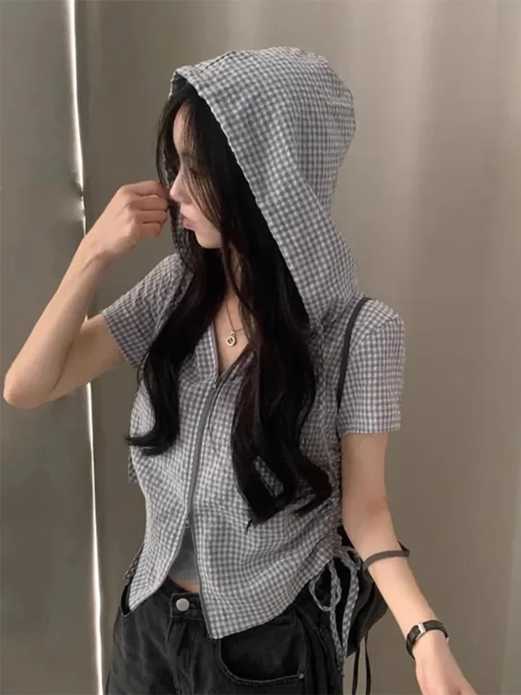 Retro xadrez csa com capuz jaqueta fena verão novo design cordão cintura curto topo material de aodão manga gola flip
