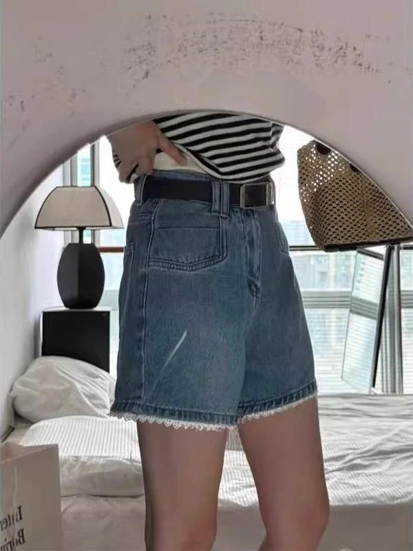 Blue High Waist Straight Leg Denim orts Women's Summer Versatile Loose Flattering A-Line Wide Leg Hot Pants Casual Sle