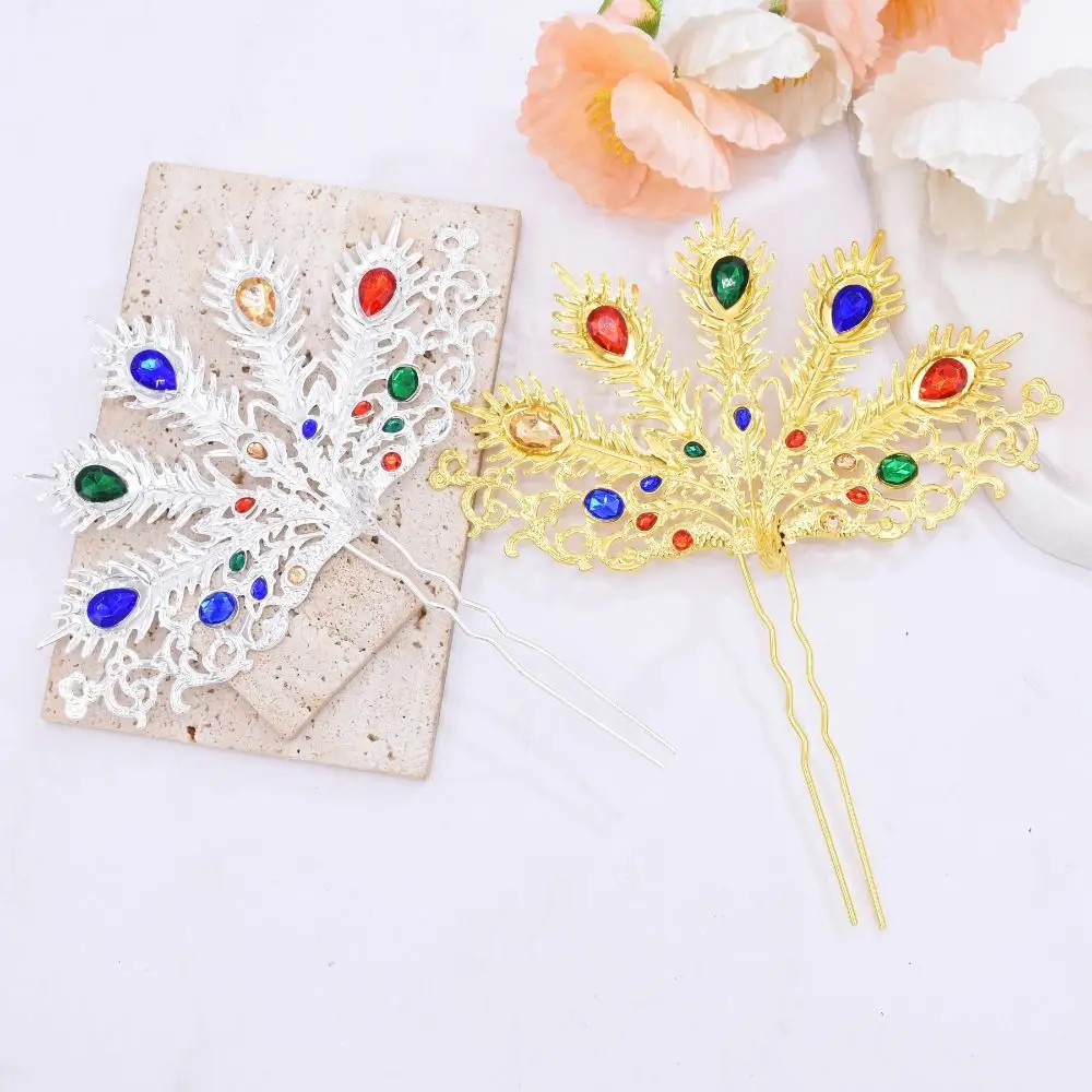 

Classical Gold Thai Metal Leaves Hairpin Silver Colorful Rhinestone Thai Hair Sticks Crystal Headwear U-shaped Hair Fork Women