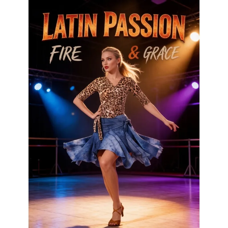 

Women Leopard Print 3/4 Sleeve Latin Cardigan Top S-2XL Tie Dye Sky Blue Flared Skirt S-3XL Adult Ballroom Training Costume