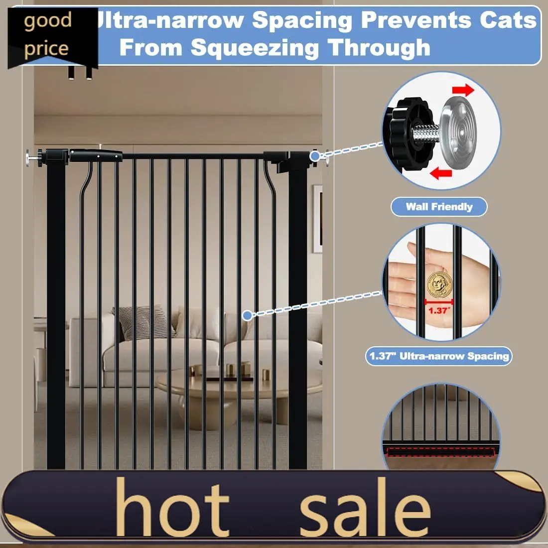 

Activity price40.55" Extra Tall Baby Gate for Stairs-71.3"-76.7" Wide 1.37" Ultra Narrow Spacing Extra Wide Pet Cat Gate Dog Gat