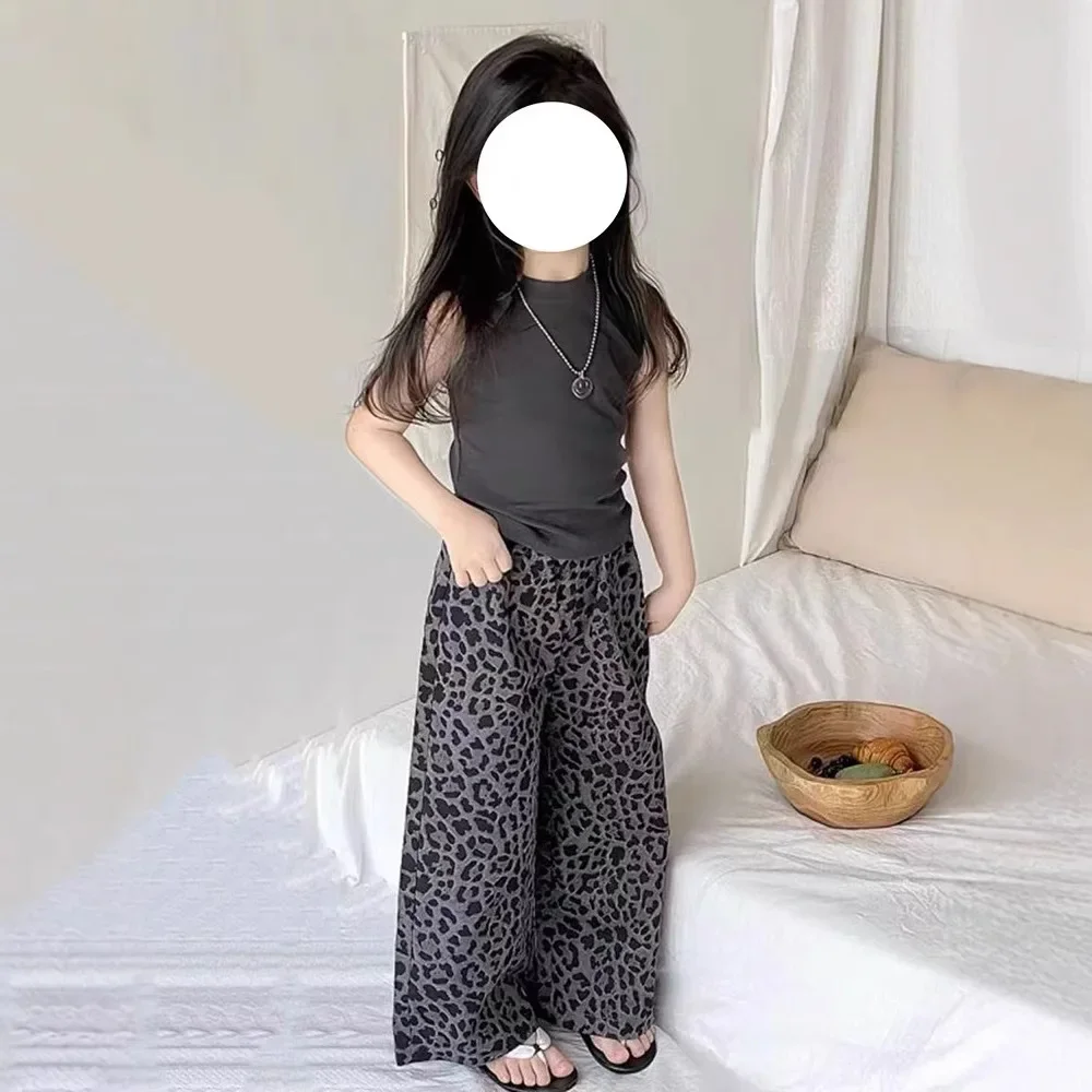 Children's Clothing Sets Tailored Sleeveless Vest +Leopard Wide-Leg Trousers 2pcs Sets Toddler Girl Clothes Baby Girl Outfit Set