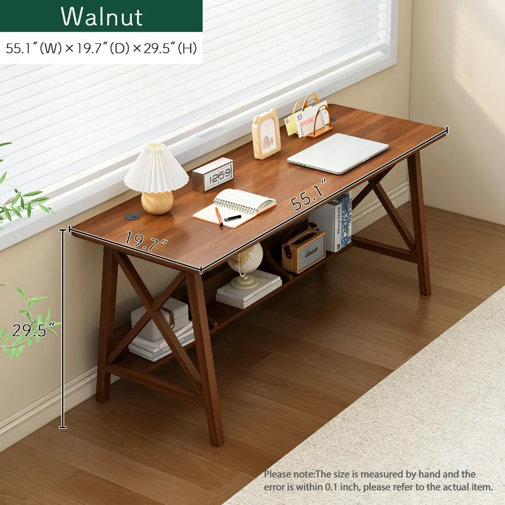 مكتب خشبي طويل جدًا مع رف كتب - طاولة دراسة للعمل في المكتب المنزلي، محطة عمل للكتابة مع رف تخزين من خشب الجوز