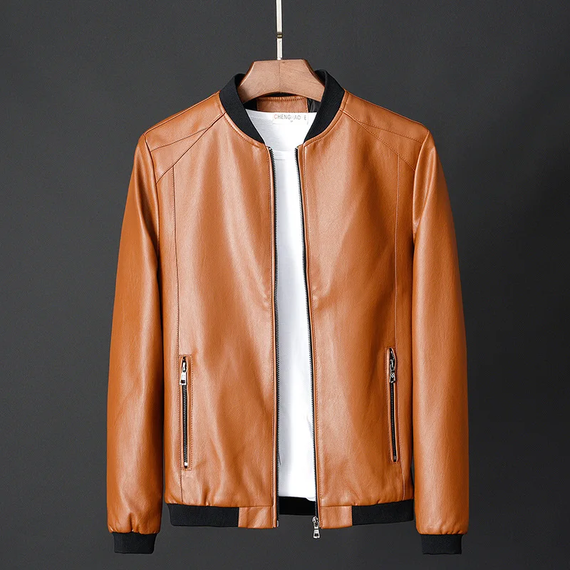 2023 -2263 Autumn And Spring Men\'s Stand Collar Jacket Natural Leather Thin Section Plus Velvet Fashion  Jacket Motorcycle Youth