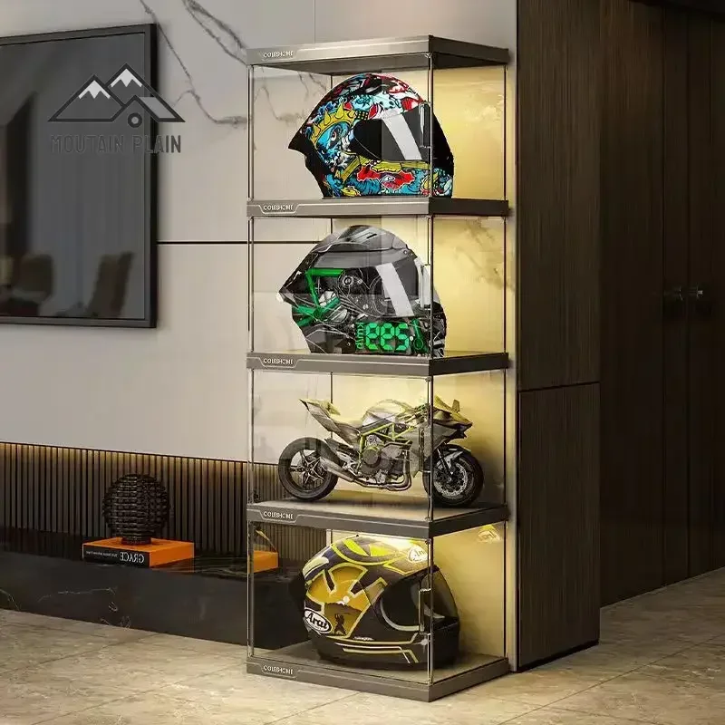 Helmet Storage Shelf Rack Cabinet Motorcycle Hat Organizer Cabinet Display Box Transparent Storage Boxes Placement Closet Rack