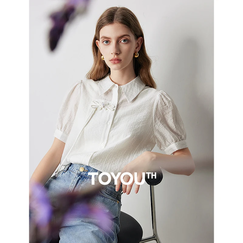 

TOYOUTH Women Blouse Shirt 2024 Summer New Chinese Button Buff Short Sleeve Single Breasted Button Lightweight Blouse Shirt