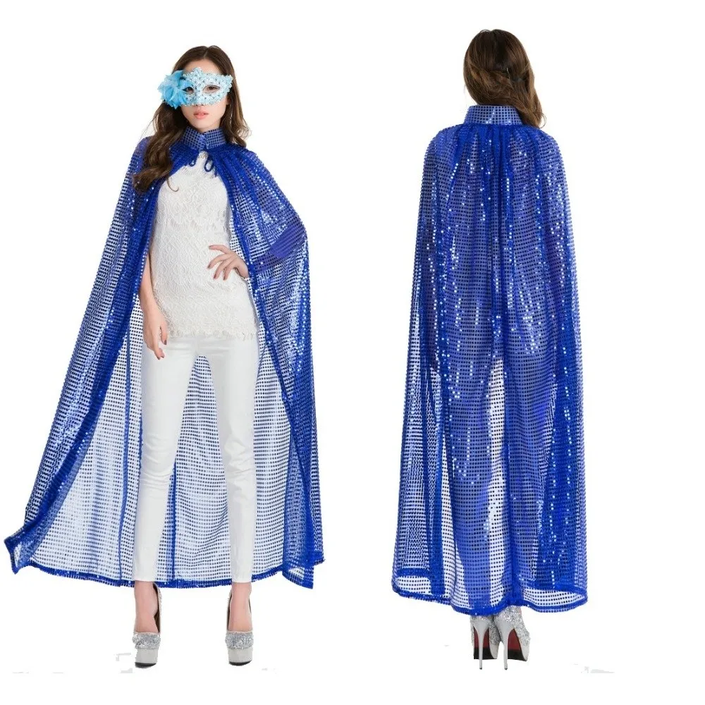 New Long Shiny Sequin Cape Fantasy Stand Collar Halloween Cosplay Robe Vintage Lightweight Shiny Cloak Festival