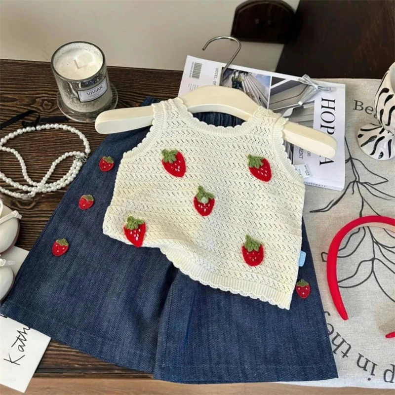 

Girls' Summer Pastoral Style Strawberry Set New Fashionable Knitted Hollow Out Vest and Straight Pants for Baby Girls