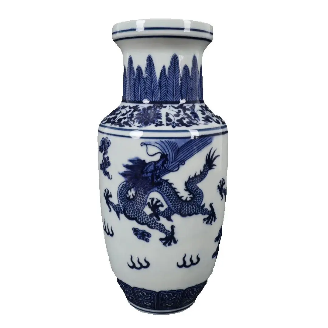 Chinese Old Porcelain Vase Blue & White Dragon Pattern Collectible Antique Asian Decorative Ornament