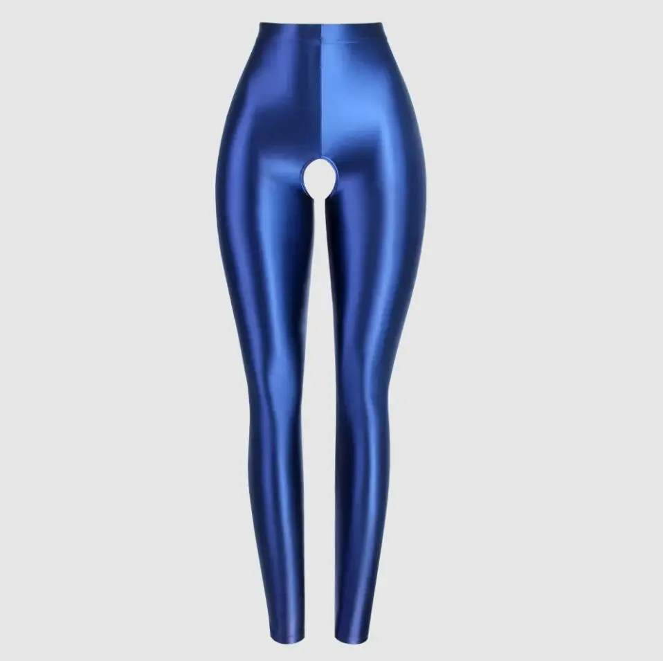 MJINM Damskie Kryjące Legginsy z Efektem Mokrego Satyny, Błyszczące, Długość do Kostek, do Jogi, Fitnessu, Jeggingsy, Olejowe, z Otwartym Krokiem, do Biegania, Spandex