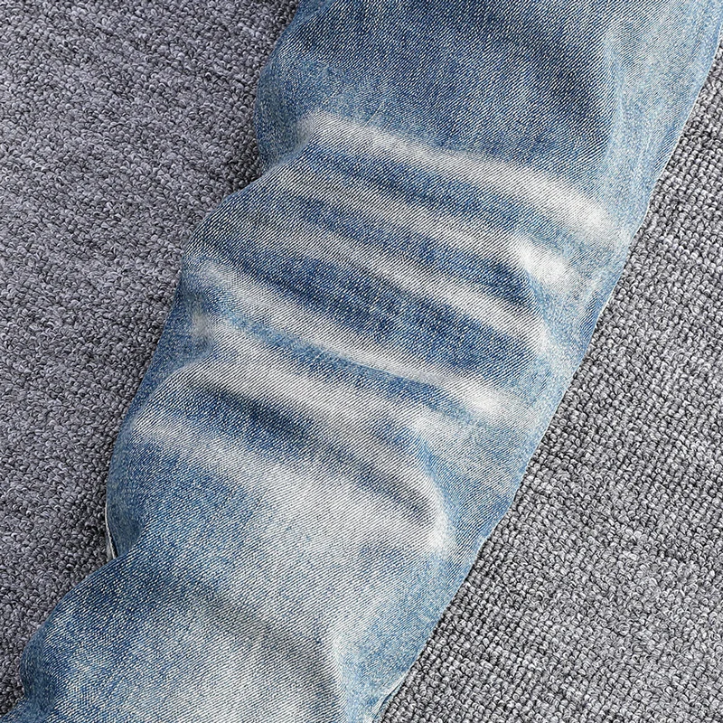 Designer Fashion New Men's Jeans with Water Washed Elastic Slimming Patchwork. Retro Blue Jeans High Street Hip Hop Brand High Q