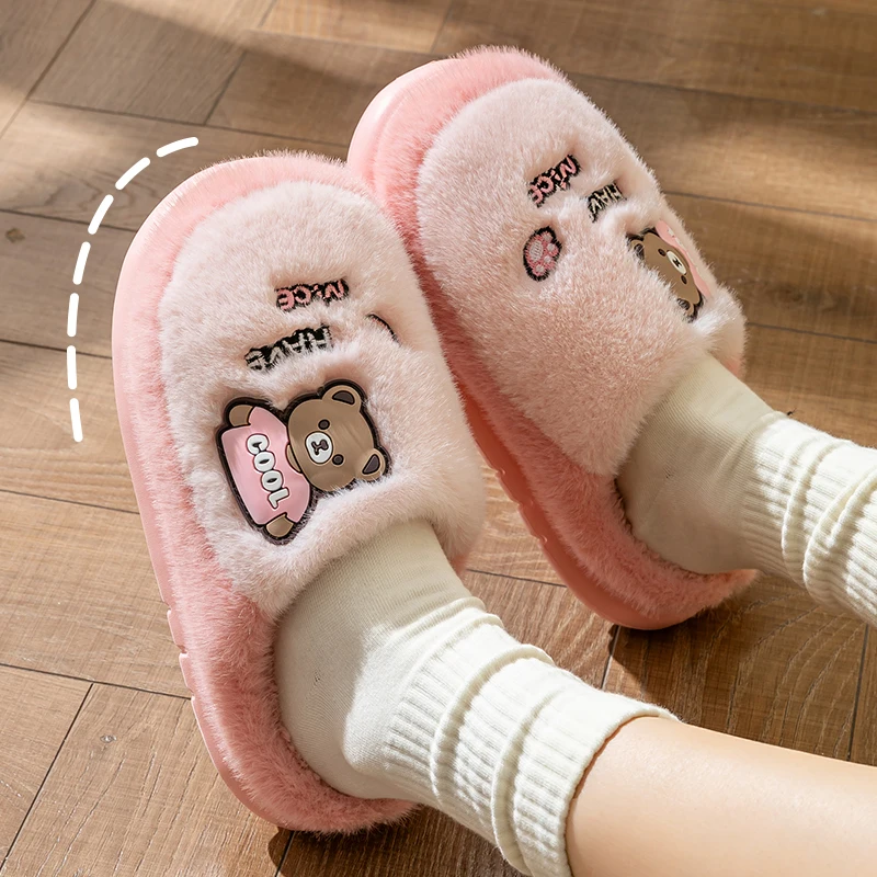 

Милые плюшевые домашние тапочки с мультяшным медведем, женские зимние парные нескользящие домашние тапочки из ЭВА на пушистом меху, теплые плюшевые меховые шлепанцы