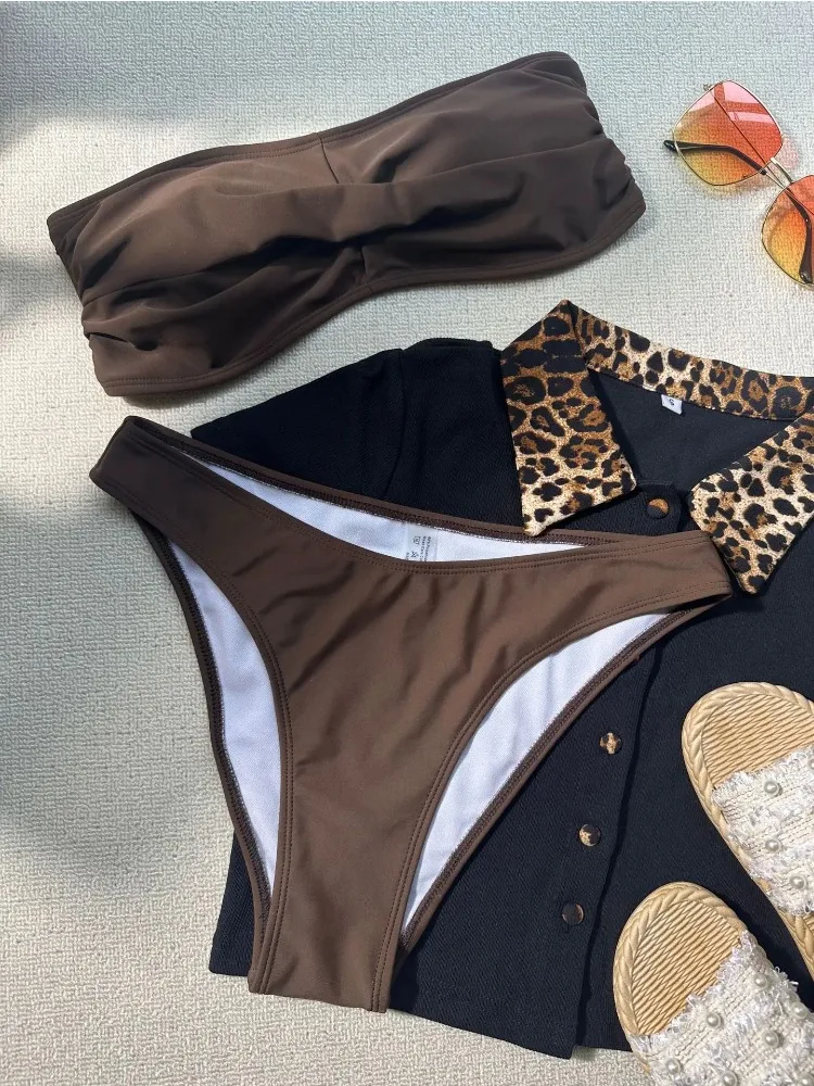 2025年新作 レディースビキニセット サマーコーヒー 無地 バンドゥ ブラジリアン プッシュアップ プリーツ Tバック セクシー水着 ビーチ水着