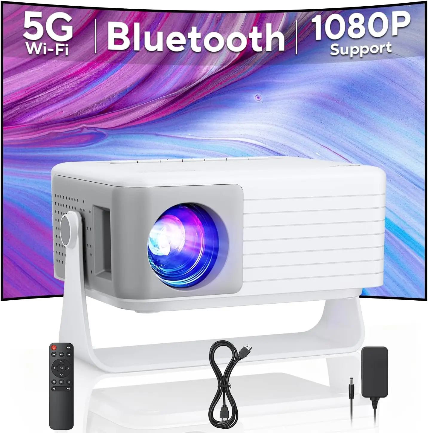 

Обновленный мини-проектор 2026 года с Wi-Fi и Bluetooth, портативный, 1080P HD, с обзором 360° ° Вращающийся механизм для дома и улицы