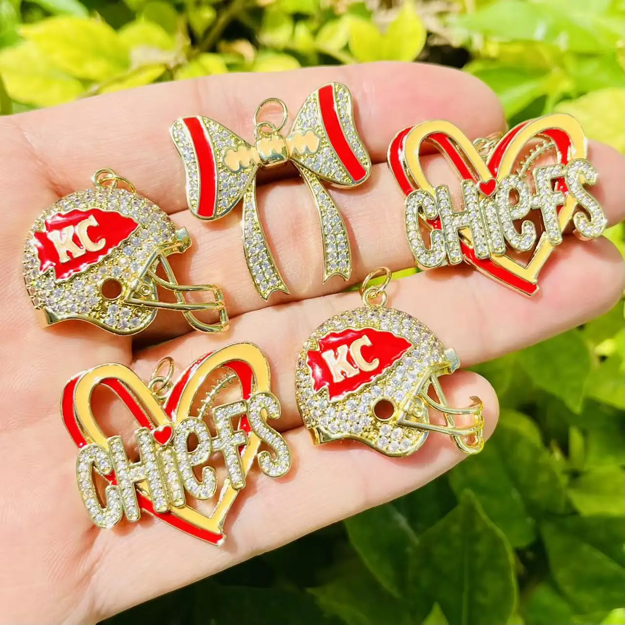 5Pcs Zirconia Pave Gold Plated Copper Charms Set Rugby Football Sports for DIY Bracelets Necklaces Jewelry Making