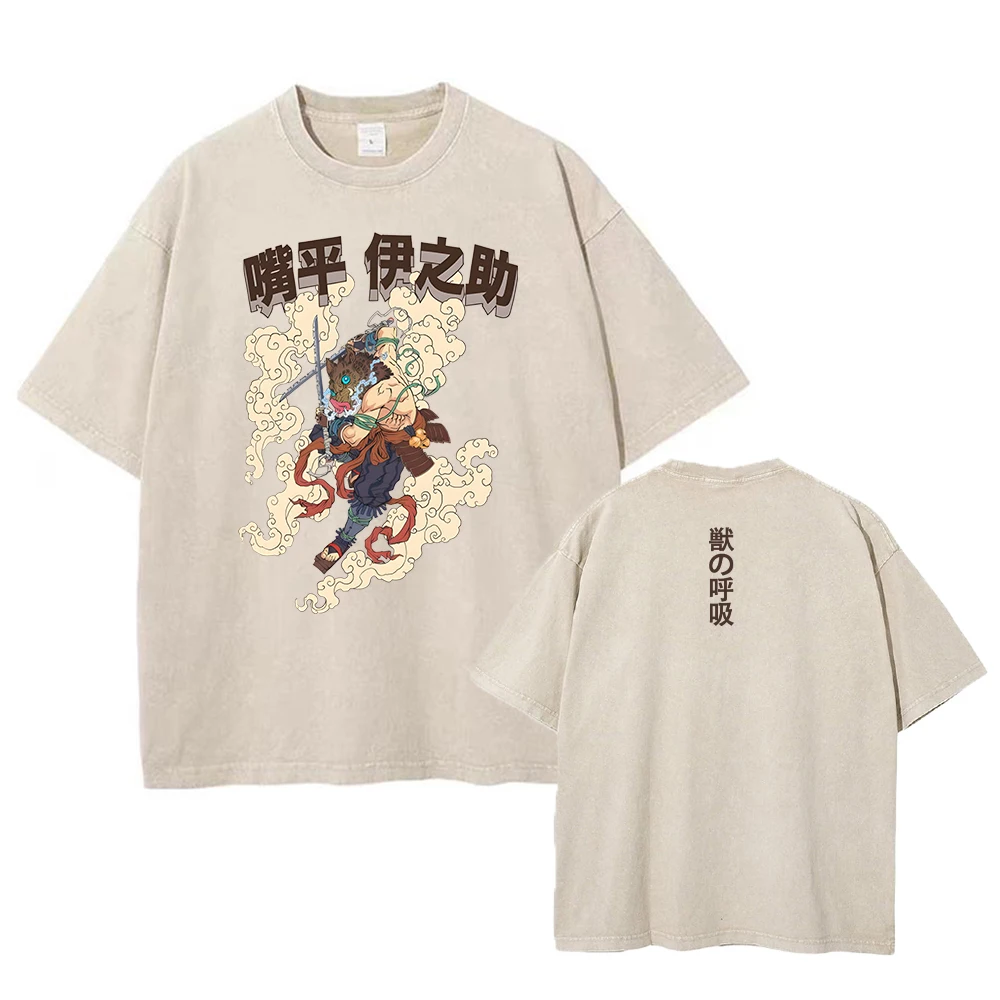 Wahed Acid TShirts Vintage Washed Anime Demon Slayer T-shirt Oversized Streetwear Short Sleeve Kimetsu No Yaiba Tops Tees