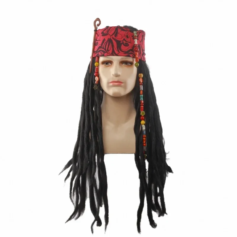 Jack Captain Cosplay Wig Pirates of the Caribbean Captain Jack Sparrow Heat Resistant Synthetic Hair Halloween Wigs + Wig Cap