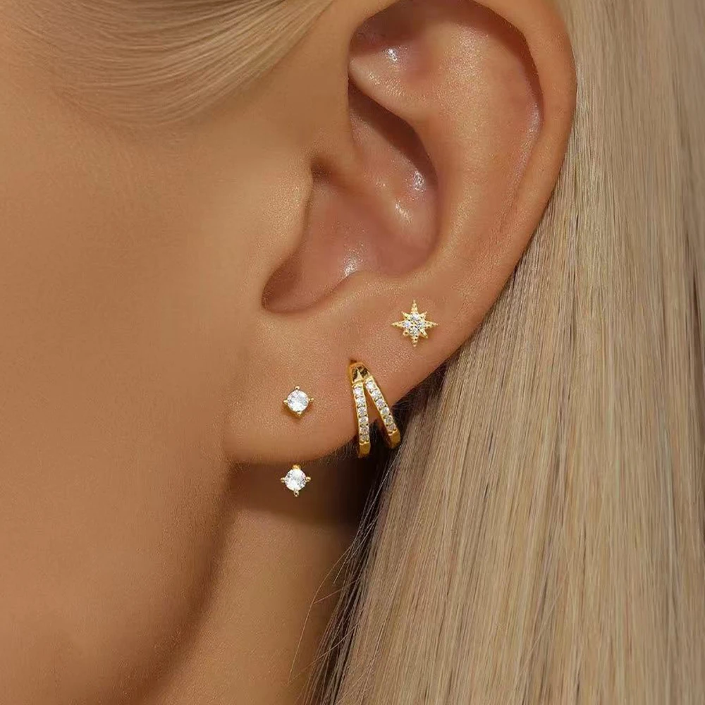 3PCS Stainless Steel Zircon Flowers Hoop Earrings Set for Women 18K Gold Plated Star Round Huggie Earrings Trend Wedding Jewelry