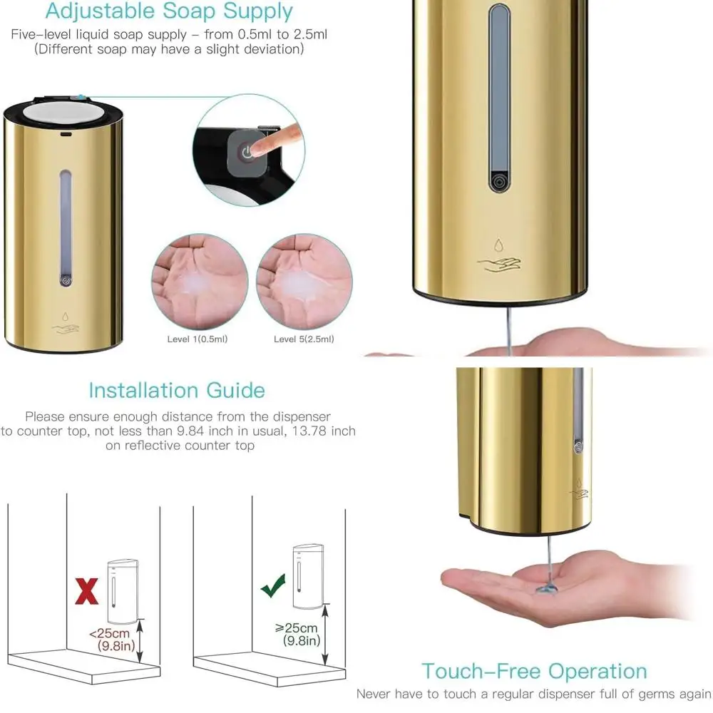 

Gold Stainless Steel Wall-Mounted Soap Dispenser, 700ml Capacity for Kitchen & Bathroom Use