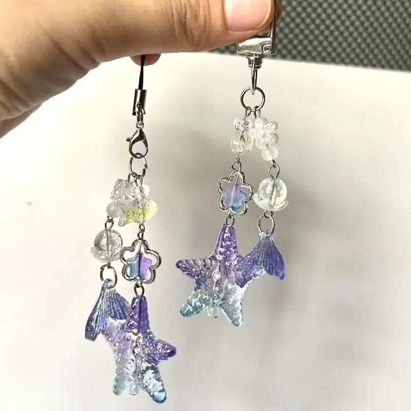 Cute Purple Starfish Fishtail Charm Phone Chain Earphone Case Decor Camera Strap
