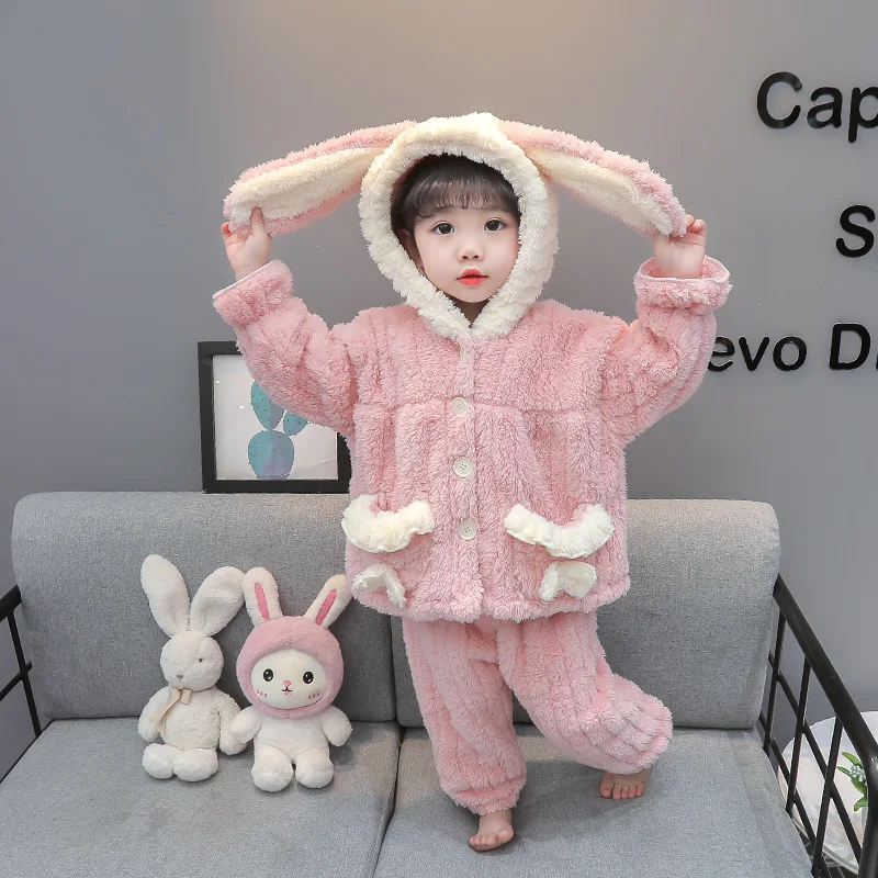 Autumn Winter Baby Girls Clothing Sets Cute Rabbit Ears Hooded Plush Coat + Pants 2Pcs Outfits Kids Pyjamas Suit 2 3 4 5 6 Years