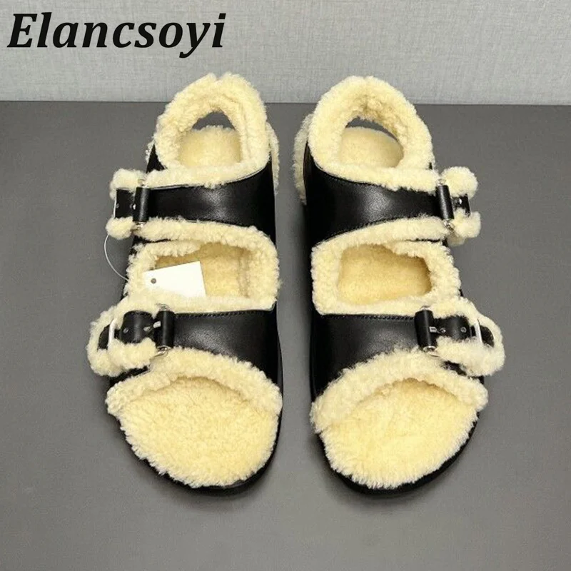 Autumn Winter Open Toe Belt Buckle Wool Lining Warm Sandals Women's Fur One-Piece Flat Bottomed Sandalia Casual Vacation Shoes