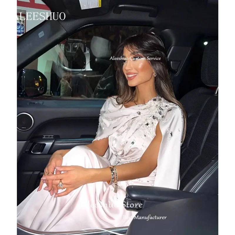 Aleeshuo Exquisite White Straight Satin Prom Dressess Cap Sleeves Evening Dress Elegant Beading Crystal Scoop Saudi Arabia 2024