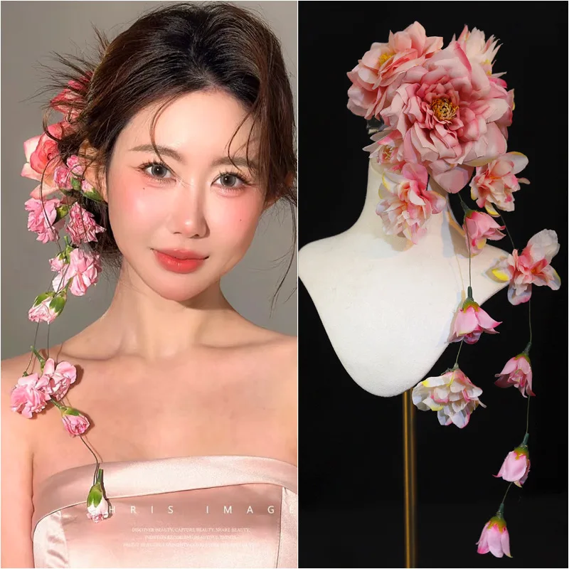 

New Hairpin Mori Bride Princess Pink Simulated Lily Flower Atmosphere Wedding Headgear Wedding Hair Accessories