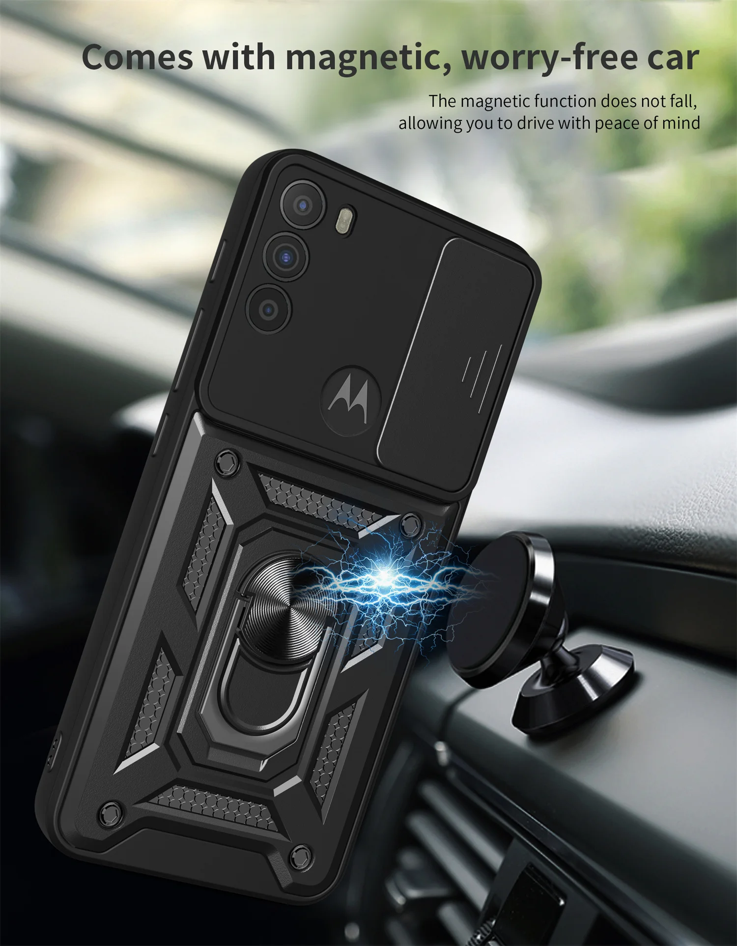 Motorola Moto G71 5G用スライドカメラアーマーアドバンスグリッターパウダーフォンケース、Moto G71 5G用車載ホルダーリング付きブラックカバー