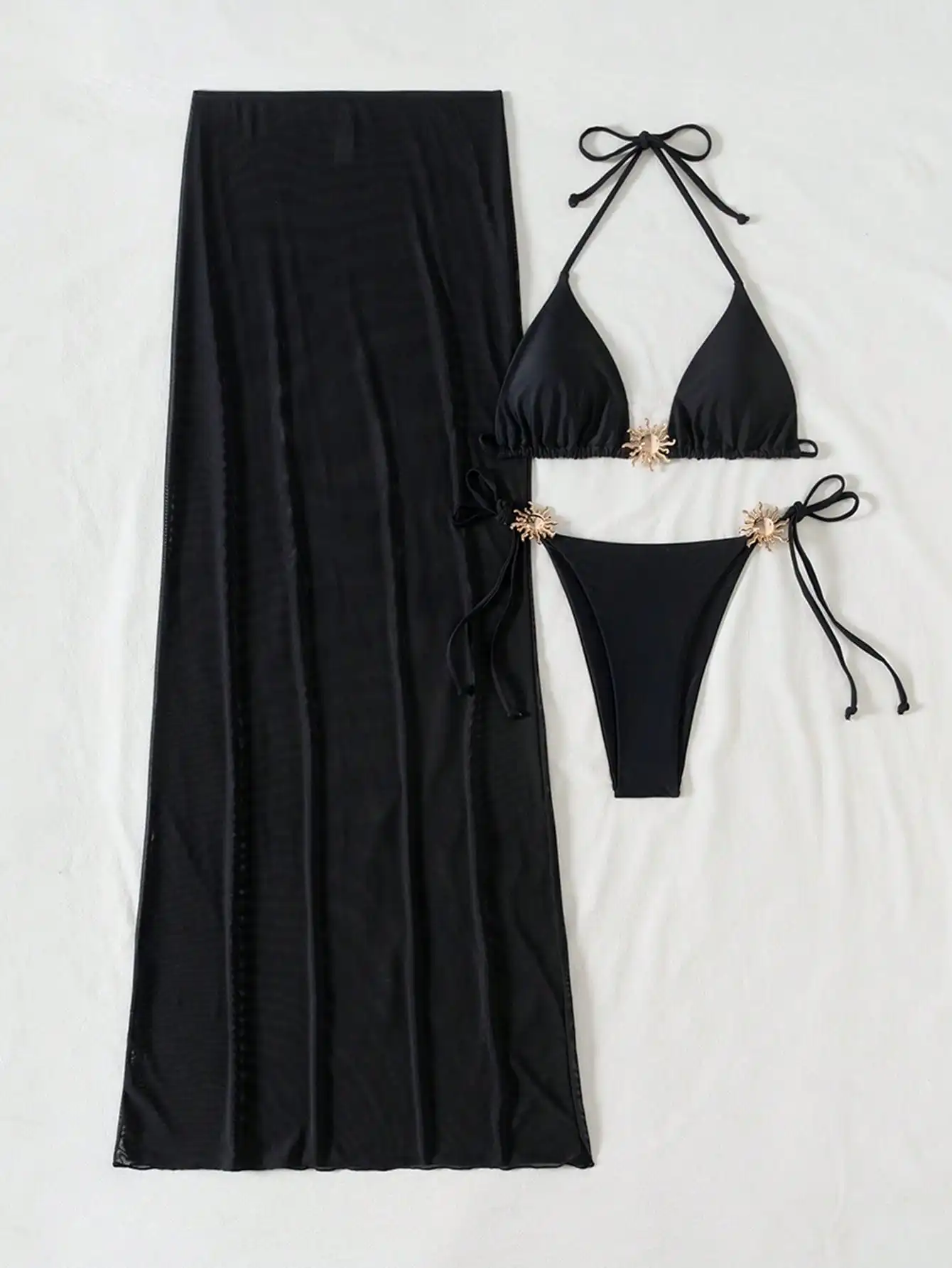 

3pcs Women Solid Triangle Halter Bikini Set With Mesh Cover-Up Skirt